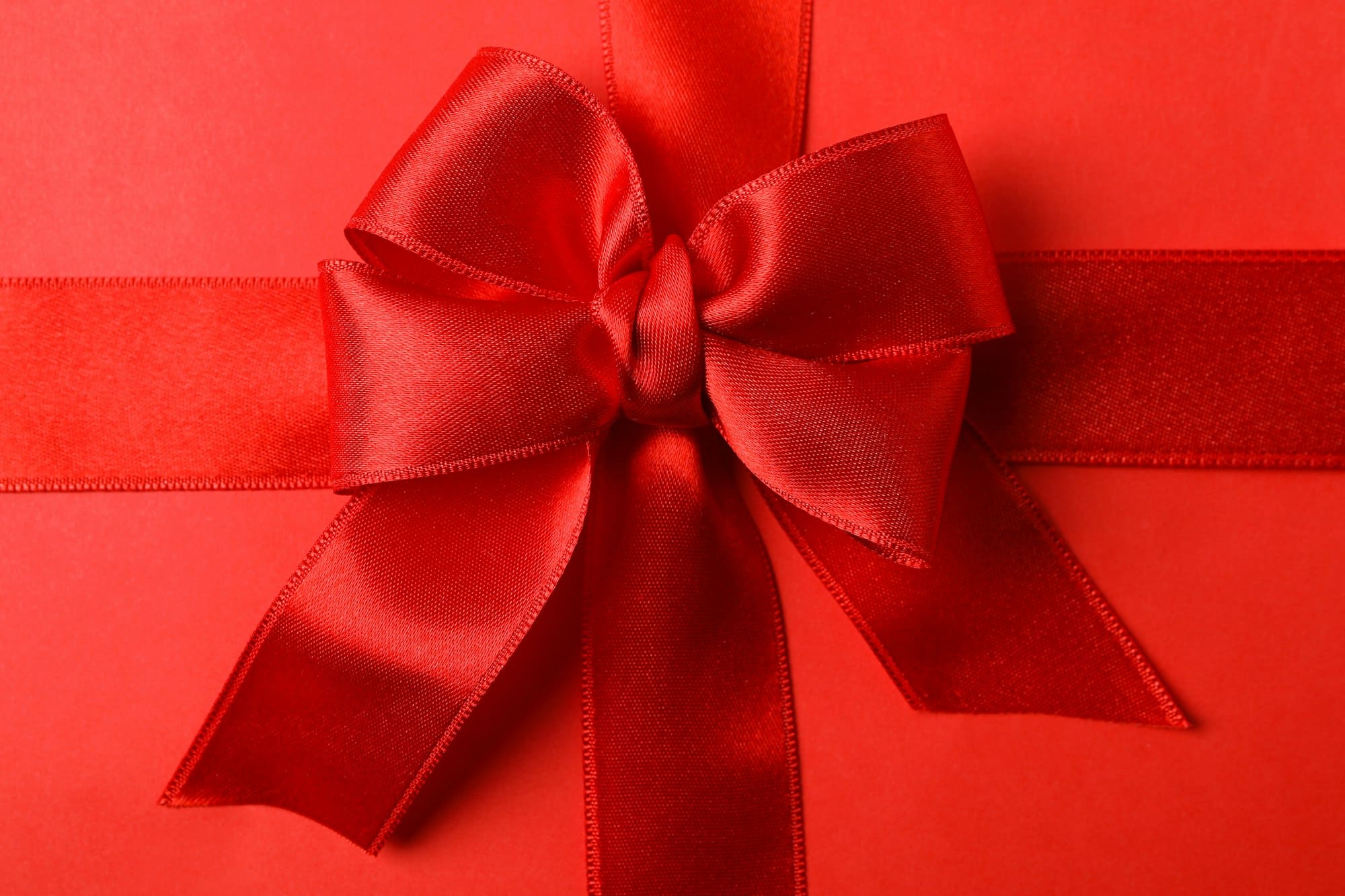 Red bow on red background, close up