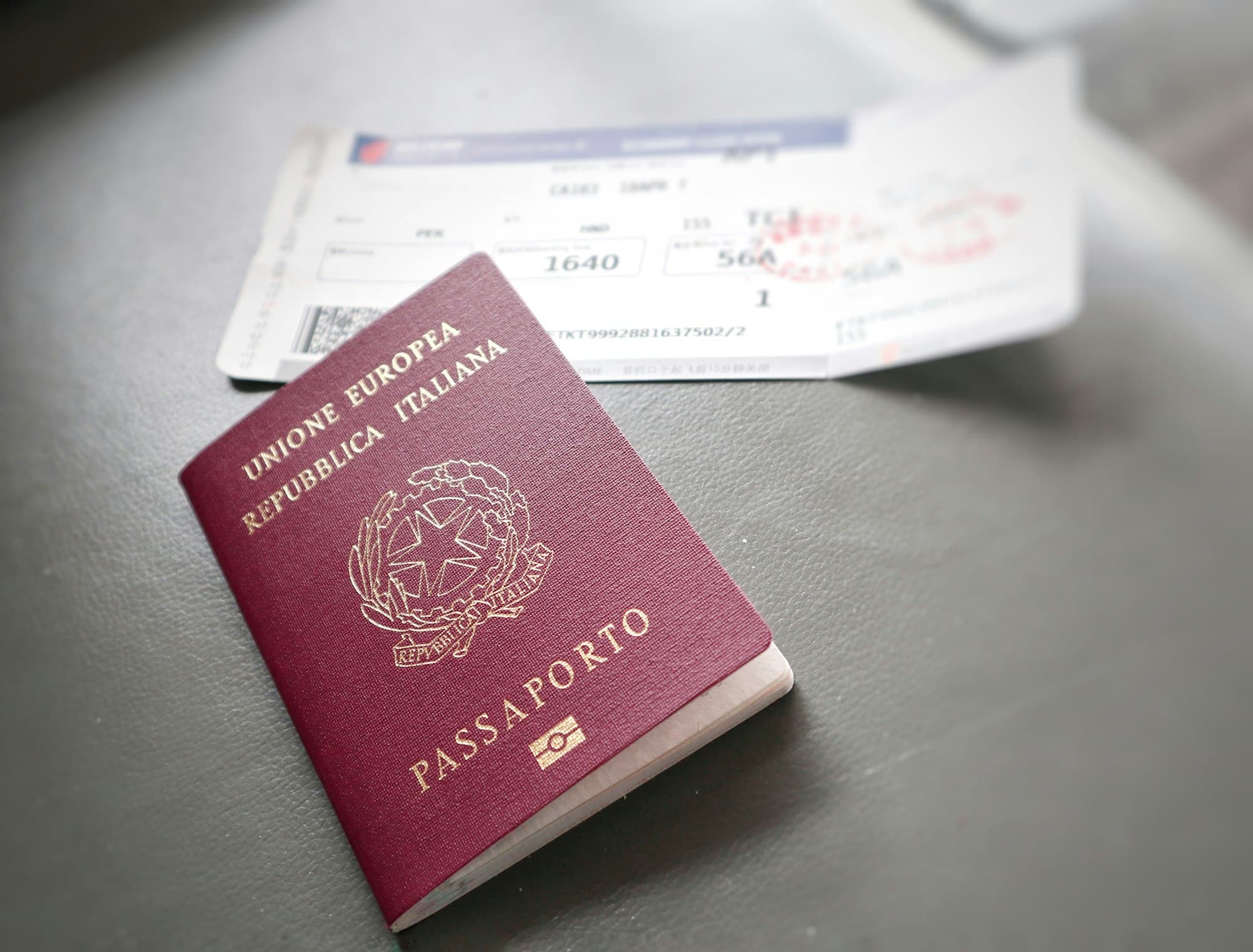 Flat lay European Italian passport on a table